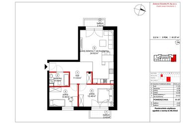 Rzut - Mieszkanie na sprzedaż 3 pokoje o powierzchni 60,53 m² - numer 14 w Czynu Społecznego 65F
