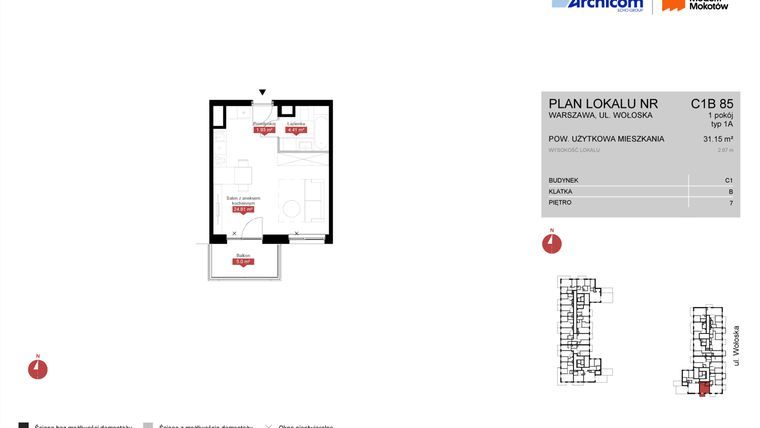 Rzut - Mieszkanie na sprzedaż 1 pokój o powierzchni 31,15 m² - numer C1B 85 w Modern Mokotów etap 3, budynek C1 i C2