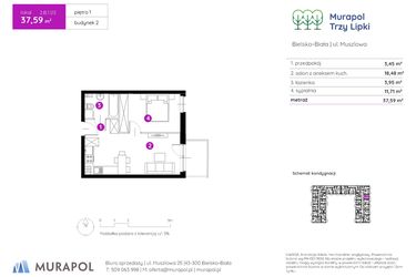 Rzut - Mieszkanie na sprzedaż 2 pokoje o powierzchni 37,59 m² - numer 2.B.1.03 w Murapol Trzy Lipki etap II