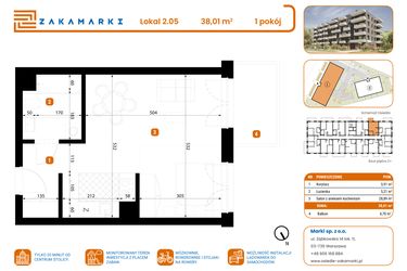 Rzut - Mieszkanie na sprzedaż 1 pokój o powierzchni 38,01 m² - numer B1/2/05 w Zakamarki