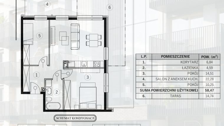 Rzut - Mieszkanie na sprzedaż 3 pokoje o powierzchni 58,47 m² - numer 3 w Młody Straszyn Park VI - bud. B