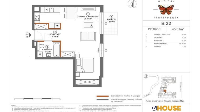 Rzut - Mieszkanie na sprzedaż 1 pokój o powierzchni 45,31 m² - numer B32 w Apartamenty Rusałki