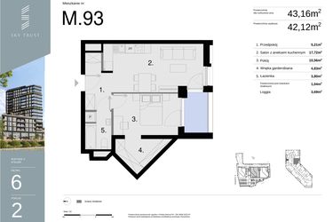 Rzut - Mieszkanie na sprzedaż 2 pokoje o powierzchni 43,16 m² - numer M93 w Sky Trust etap II