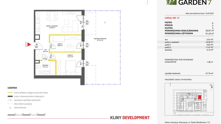 Rzut - Mieszkanie na sprzedaż 3 pokoje o powierzchni 51,43 m² - numer 55 w Nova Viva Garden 7