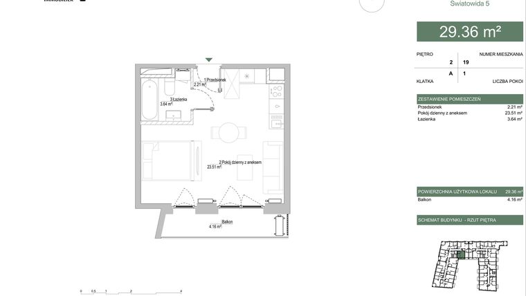 Rzut - Mieszkanie na sprzedaż 1 pokój o powierzchni 29,36 m² - numer A.02.10 w IKONA Światowida 5