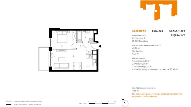 Rzut - Mieszkanie na sprzedaż 2 pokoje o powierzchni 40,96 m² - numer 5.A28 w Staszica 3