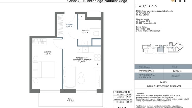 Rzut - Mieszkanie na sprzedaż 2 pokoje o powierzchni 32,65 m² - numer M13 w Madalińskiego