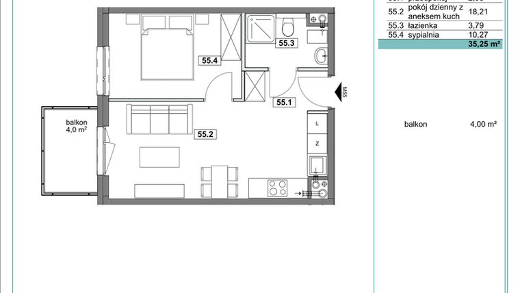 Rzut - Mieszkanie na sprzedaż 2 pokoje o powierzchni 35,35 m² - numer D.55 w Osiedle Kościuszki etap II