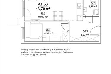 Rzut - Mieszkanie na sprzedaż 2 pokoje o powierzchni 43,79 m² - numer A1.56 w FORTnatura