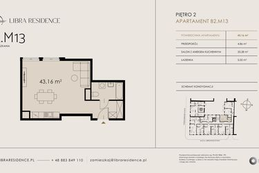 Rzut - Mieszkanie na sprzedaż 1 pokój o powierzchni 43,16 m² - numer B2.M13 w Libra Residence