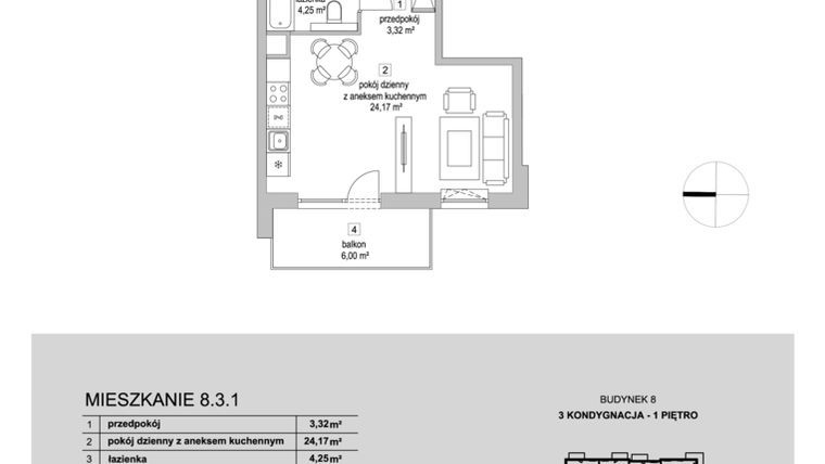Rzut - Mieszkanie na sprzedaż 1 pokój o powierzchni 31,74 m² - numer 8.3.1 w Osiedle Przyjemne III