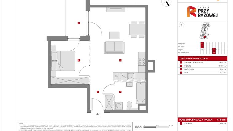 Rzut - Mieszkanie na sprzedaż 2 pokoje o powierzchni 47,56 m² - numer E.98 w Osiedle Przy Ryżowej etap II