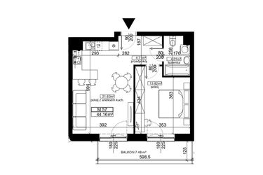 Rzut - Mieszkanie na sprzedaż 2 pokoje o powierzchni 44,16 m² - numer 57 w Ubocze