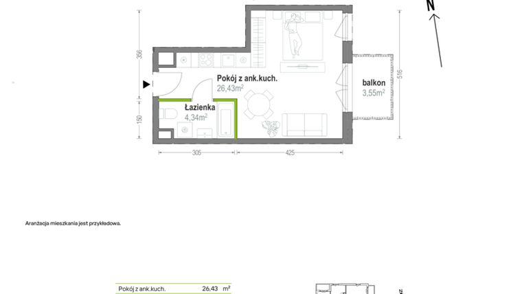 Rzut - Mieszkanie na sprzedaż 1 pokój o powierzchni 30,77 m² - numer A.A.3.03 w Głębocka Vita