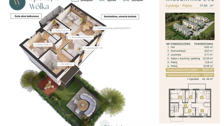 Rzut - Mieszkanie na sprzedaż 3 pokoje o powierzchni 57,66 m² - numer C1/2 w Spokojna Wólka etap IV