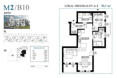 Rzut - Mieszkanie na sprzedaż 3 pokoje o powierzchni 56,1 m² - numer B10M2 w Przystań Rumia