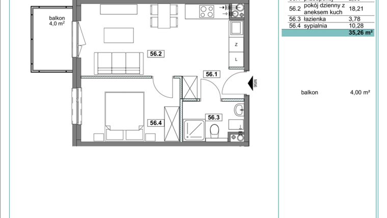 Rzut - Mieszkanie na sprzedaż 2 pokoje o powierzchni 35,54 m² - numer D.56 w Osiedle Kościuszki etap II