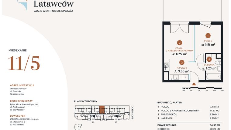 Rzut - Mieszkanie na sprzedaż 2 pokoje o powierzchni 34,33 m² - numer C11-5 w Osiedle Latawców