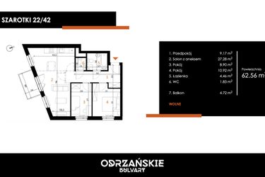 Rzut - Mieszkanie na sprzedaż 3 pokoje o powierzchni 62,56 m² - numer 22/42 w Odrzańskie Bulvary