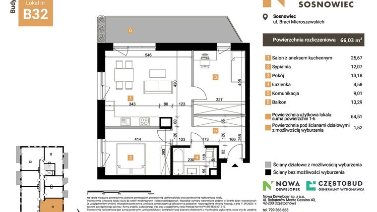 Rzut - Mieszkanie na sprzedaż 3 pokoje o powierzchni 66,03 m² - numer B32 w Nowy Sosnowiec