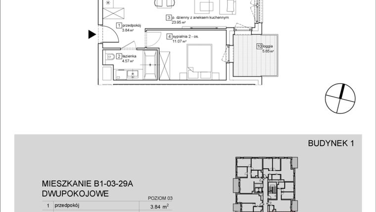 Rzut - Mieszkanie na sprzedaż 2 pokoje o powierzchni 43,43 m² - numer B1-03-29A w Francuska Park IX