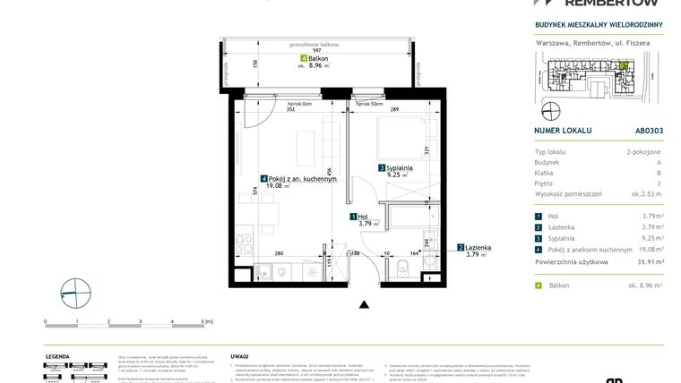 Rzut - Mieszkanie na sprzedaż 2 pokoje o powierzchni 35,91 m² - numer AB0303 w Stacja Rembertów