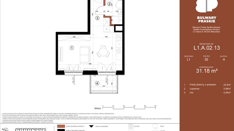 Rzut - Mieszkanie na sprzedaż 1 pokój o powierzchni 31,19 m² - numer L1.A.02.13 w Bulwary Praskie etap K i L