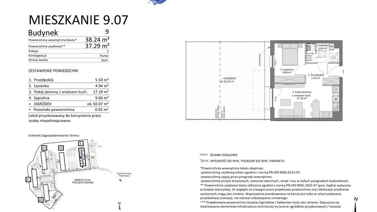 Rzut - Mieszkanie na sprzedaż 2 pokoje o powierzchni 37,29 m² - numer 9.07 w Osiedle Pastelowe etap IV