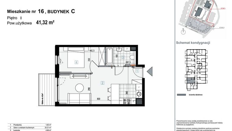 Rzut - Mieszkanie na sprzedaż 2 pokoje o powierzchni 41,32 m² - numer C16 w Apartamenty Kopernika