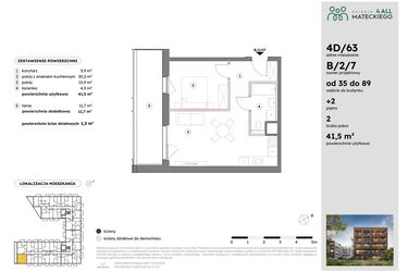 Rzut - Mieszkanie na sprzedaż 2 pokoje o powierzchni 41,55 m² - numer B/2/7 w Osiedle Mateckiego 4ALL