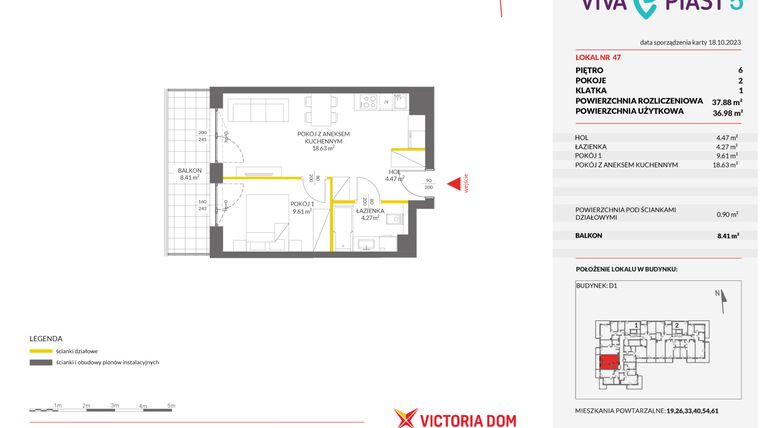 Rzut - Mieszkanie na sprzedaż 2 pokoje o powierzchni 37,88 m² - numer A.47 w Viva Piast 5