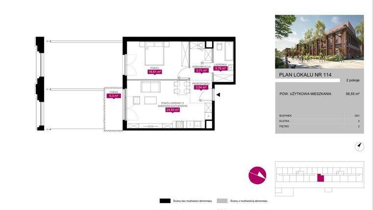 Rzut - Mieszkanie na sprzedaż 2 pokoje o powierzchni 56,58 m² - numer 114 w Fuzja Mieszkania Loftowe