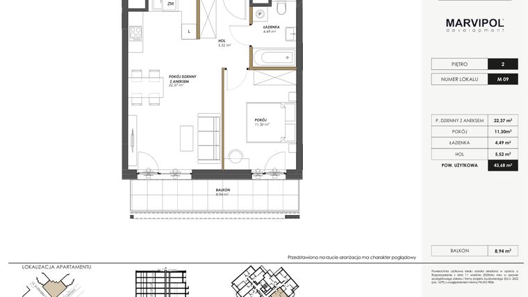 Rzut - Mieszkanie na sprzedaż 2 pokoje o powierzchni 43,68 m² - numer M09 w SENGERA 1