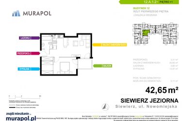 Rzut - Mieszkanie na sprzedaż 2 pokoje o powierzchni 42,65 m² - numer 12.A.1.2 w Murapol Siewierz Jeziorna