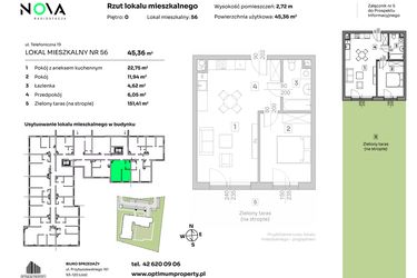 Rzut - Mieszkanie na sprzedaż 2 pokoje o powierzchni 45,36 m² - numer 56 w Nova Radiostacja