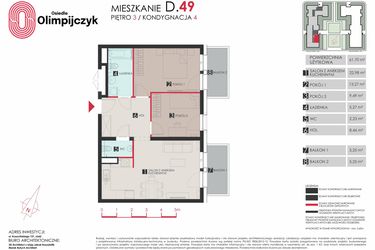 Rzut - Mieszkanie na sprzedaż 3 pokoje o powierzchni 62,01 m² - numer D49 w Osiedle Olimpijczyk II etap