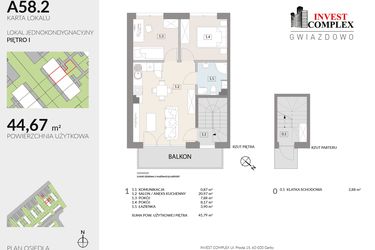 Rzut - Mieszkanie na sprzedaż 3 pokoje o powierzchni 44,67 m² - numer A58.2 w Osiedle Gwiazdowo etap 6B