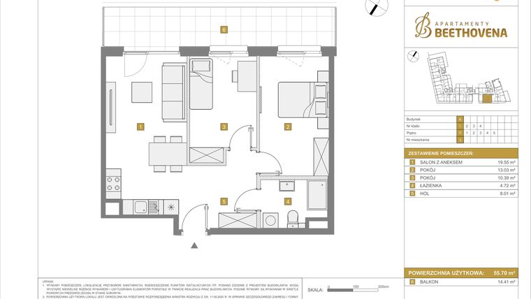 Rzut - Mieszkanie na sprzedaż 3 pokoje o powierzchni 55,7 m² - numer A3 w Apartamenty Beethovena