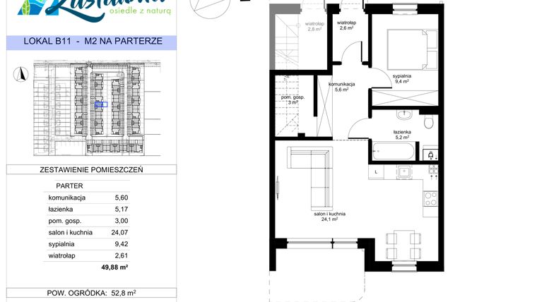 Rzut - Mieszkanie na sprzedaż 2 pokoje o powierzchni 49,88 m² - numer B.11 w Zastawna OdNova