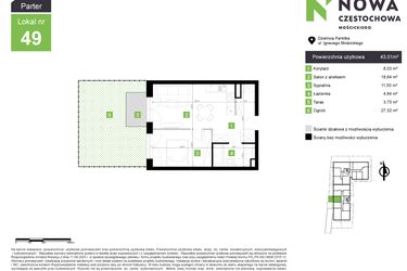 Rzut - Mieszkanie na sprzedaż 2 pokoje o powierzchni 43,01 m² - numer M49 w Nowa Częstochowa Mościckiego