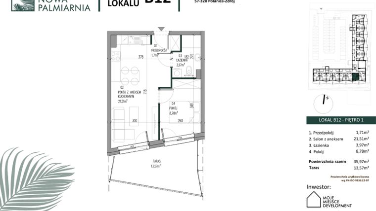 Rzut - Mieszkanie na sprzedaż 2 pokoje o powierzchni 35,97 m² - numer B12 w Nowa Palmiarnia