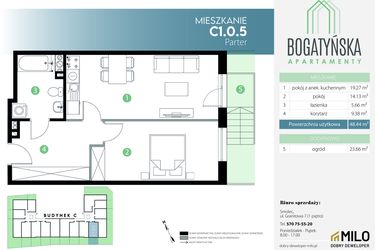 Rzut - Mieszkanie na sprzedaż 2 pokoje o powierzchni 48,44 m² - numer C1.0.5 w Bogatyńska Apartamenty etap 3
