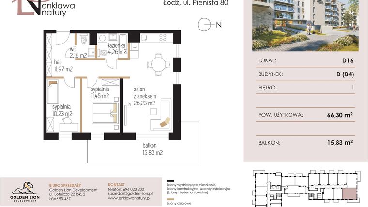 Rzut - Mieszkanie na sprzedaż 3 pokoje o powierzchni 66,3 m² - numer D16 w Enklawa Natury