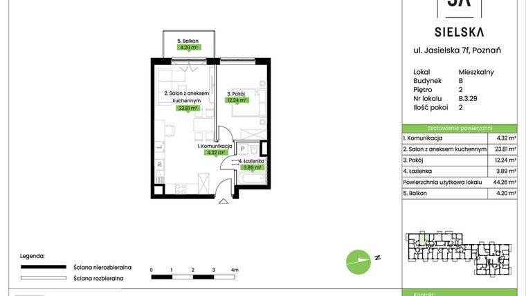 Rzut - Mieszkanie na sprzedaż 2 pokoje o powierzchni 44,26 m² - numer B.3.29 w JA_SIELSKA V