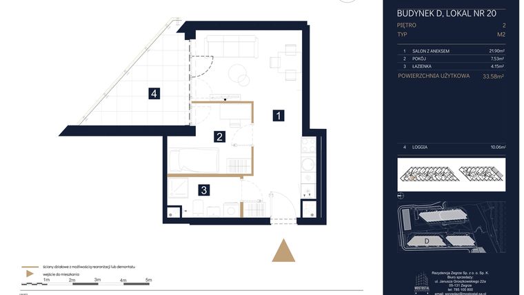 Rzut - Mieszkanie na sprzedaż 1 pokój o powierzchni 33,58 m² - numer D20 w Rezydencja Zegrze etap III
