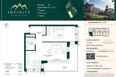 Rzut - Mieszkanie na sprzedaż 2 pokoje o powierzchni 51,7 m² - numer B1/1/8 w Infinity Mountain Resort etap 2