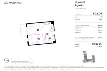 Rzut - Mieszkanie na sprzedaż 1 pokój o powierzchni 37,95 m² - numer 3.C.6.06 w Murapol Agosto