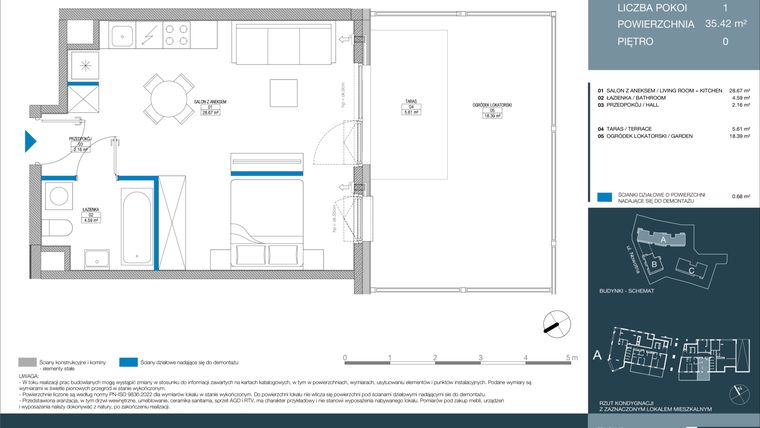 Rzut - Mieszkanie na sprzedaż 1 pokój o powierzchni 35,42 m² - numer A.2.1.2 w Meri Apartamenty