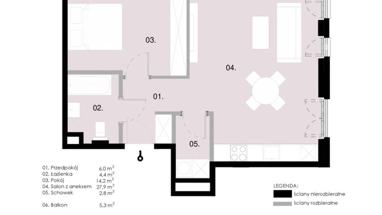 Rzut - Mieszkanie na sprzedaż 2 pokoje o powierzchni 55,35 m² - numer M3.06 w Wola Vert