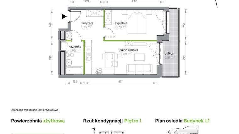 Rzut - Mieszkanie na sprzedaż 2 pokoje o powierzchni 45,72 m² - numer L1/1/8 w Legnicka Vita